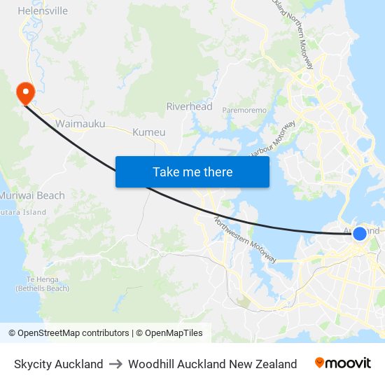 Skycity Auckland to Woodhill Auckland New Zealand map