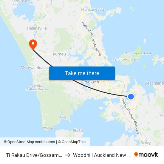 Ti Rakau Drive/Gossamer Drive to Woodhill Auckland New Zealand map