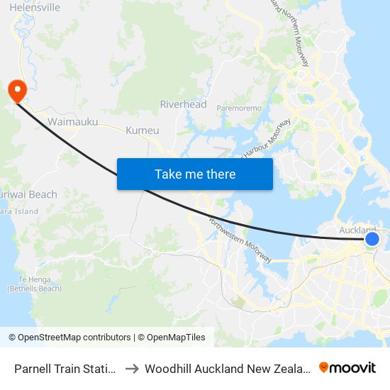 Parnell Train Station to Woodhill Auckland New Zealand map