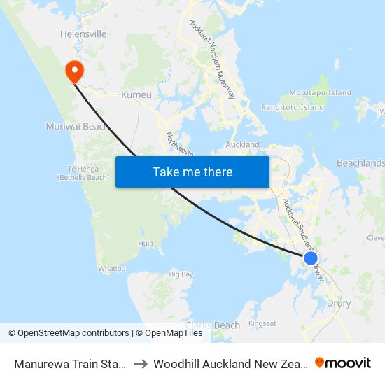 Manurewa Train Station to Woodhill Auckland New Zealand map