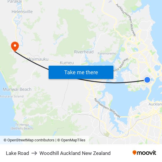 Lake Road to Woodhill Auckland New Zealand map