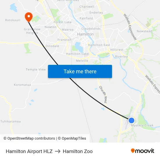 Hamilton Airport HLZ to Hamilton Zoo map