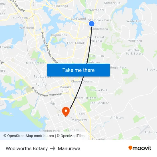 Woolworths Botany to Manurewa map