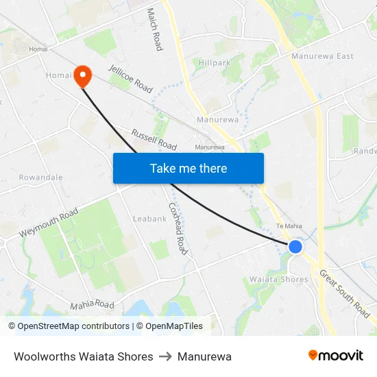 Woolworths Waiata Shores to Manurewa map