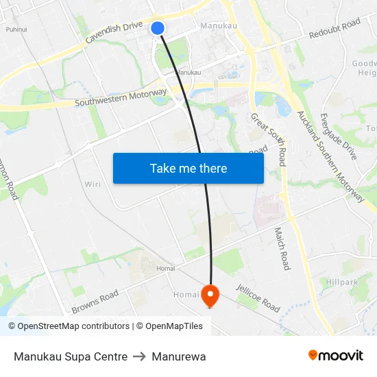 Manukau Supa Centre to Manurewa map