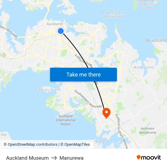 Auckland Museum to Manurewa map