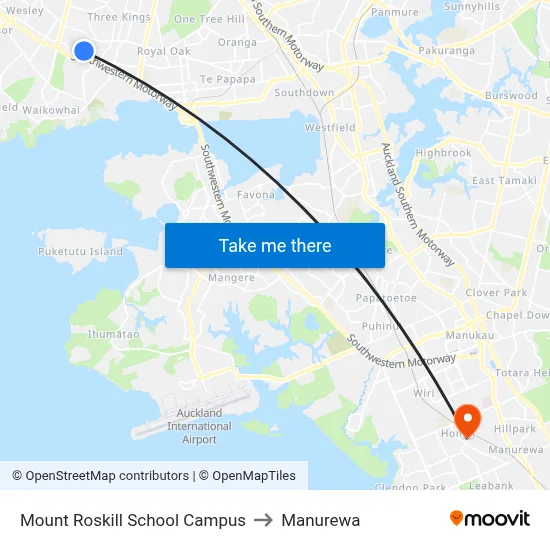 Mount Roskill School Campus to Manurewa map