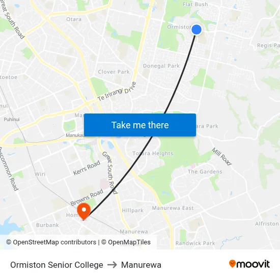 Ormiston Senior College to Manurewa map
