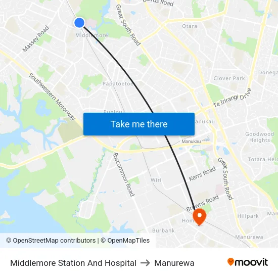 Middlemore Station And Hospital to Manurewa map