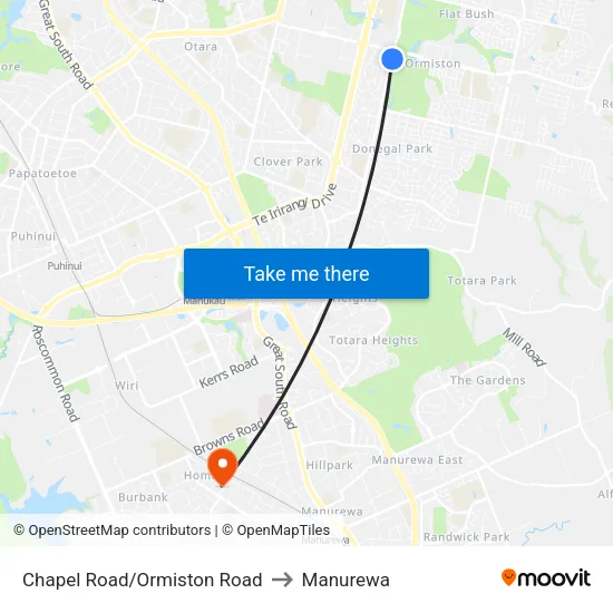 Chapel Road/Ormiston Road to Manurewa map