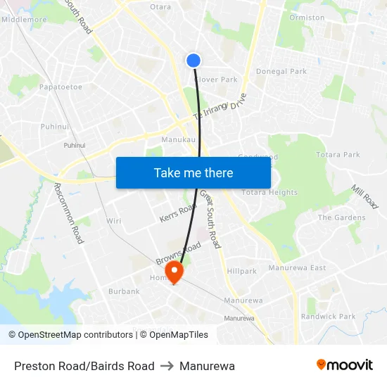 Preston Road/Bairds Road to Manurewa map