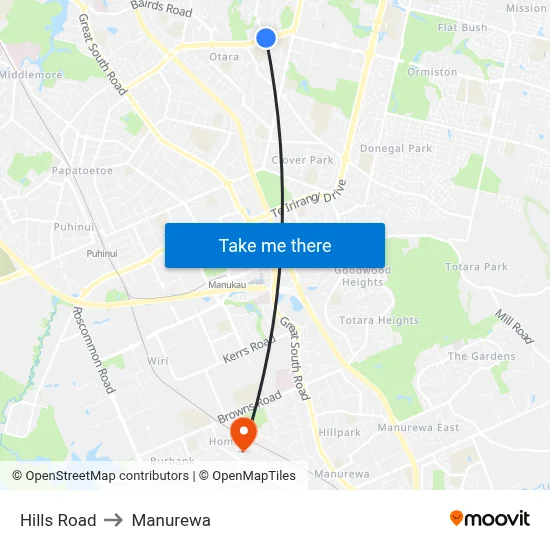 Hills Road to Manurewa map