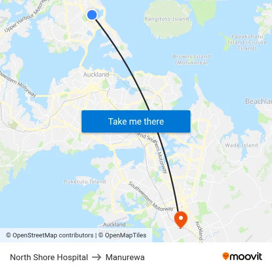 North Shore Hospital to Manurewa map