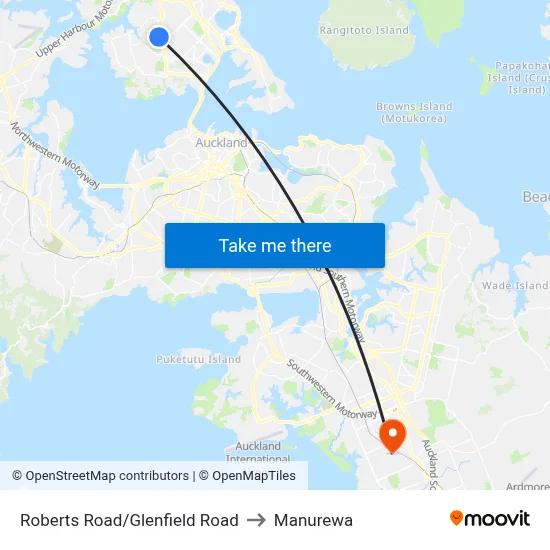 Roberts Road/Glenfield Road to Manurewa map