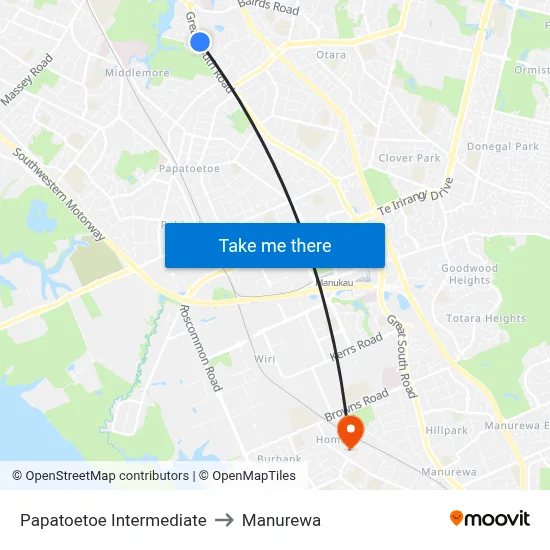 Papatoetoe Intermediate to Manurewa map