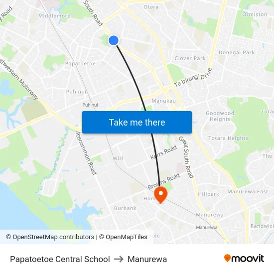 Papatoetoe Central School to Manurewa map