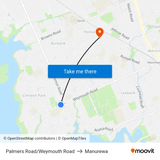 Palmers Road/Weymouth Road to Manurewa map