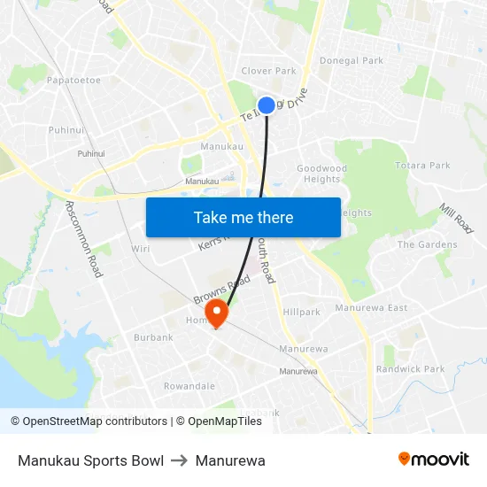 Manukau Sports Bowl to Manurewa map