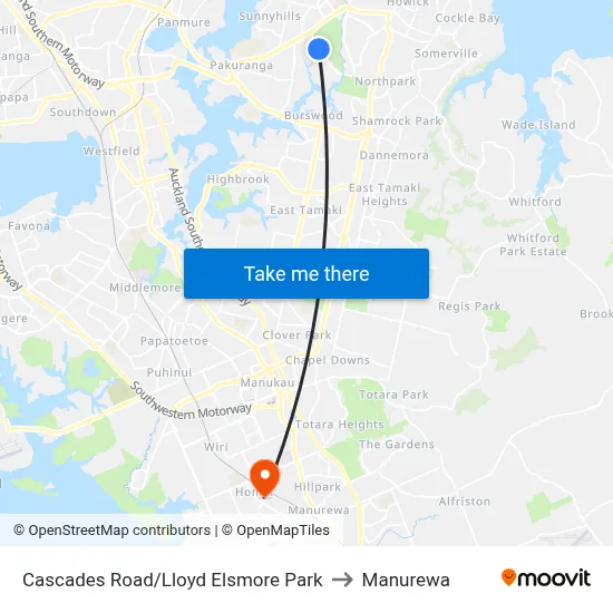 Cascades Road/Lloyd Elsmore Park to Manurewa map