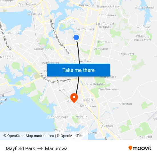 Mayfield Park to Manurewa map