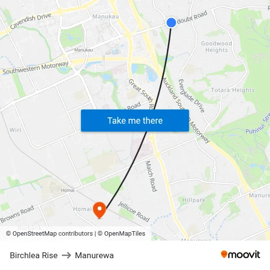 Birchlea Rise to Manurewa map