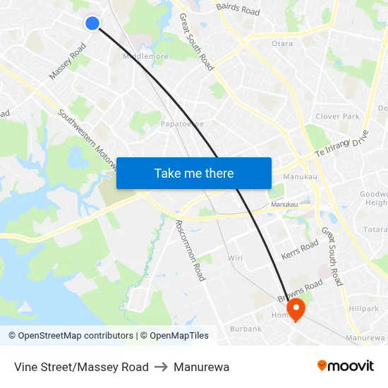 Vine Street/Massey Road to Manurewa map