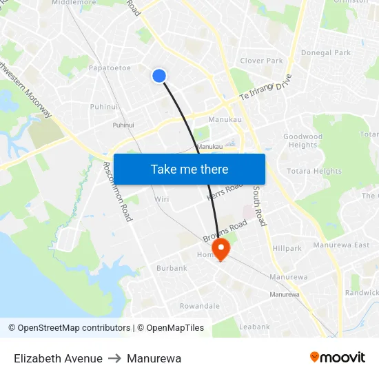 Elizabeth Avenue to Manurewa map