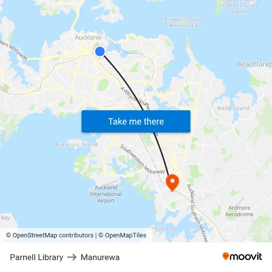 Parnell Library to Manurewa map
