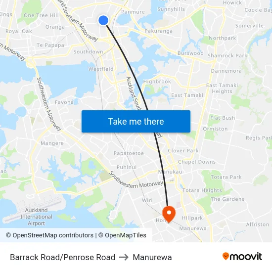 Barrack Road/Penrose Road to Manurewa map