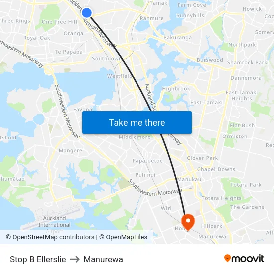 Stop B Ellerslie to Manurewa map