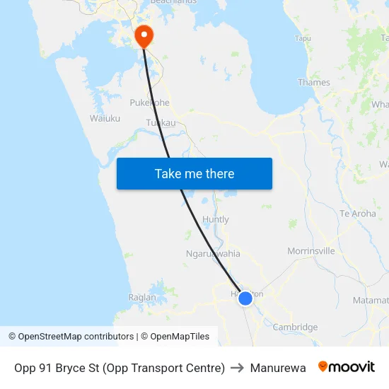 Opp 91 Bryce St, Hamilton (Opp Transport Centre) to Manurewa map