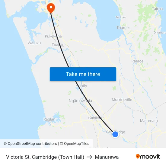 Victoria St, Cambridge (Town Hall) to Manurewa map