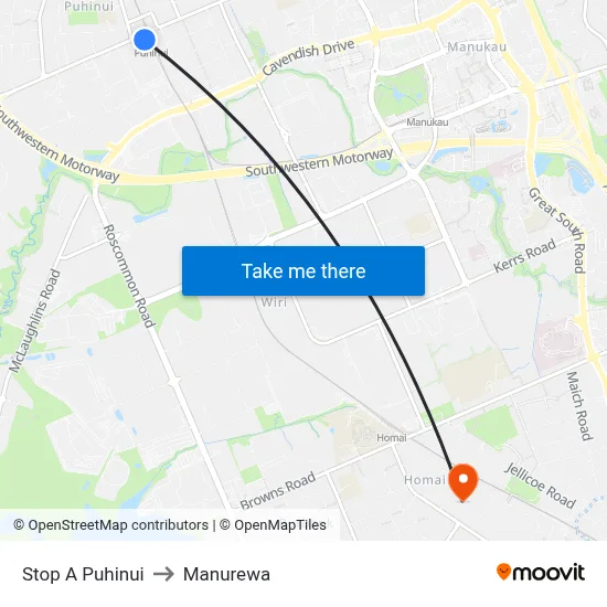 Stop A Puhinui to Manurewa map