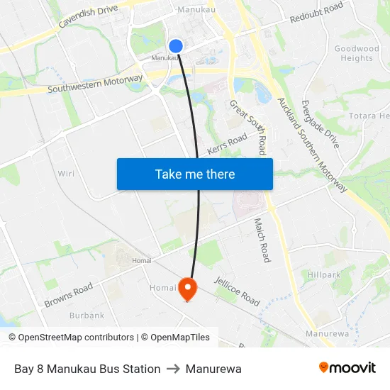 Bay 8 Manukau Bus Station to Manurewa map