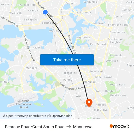 Penrose Road/Great South Road to Manurewa map