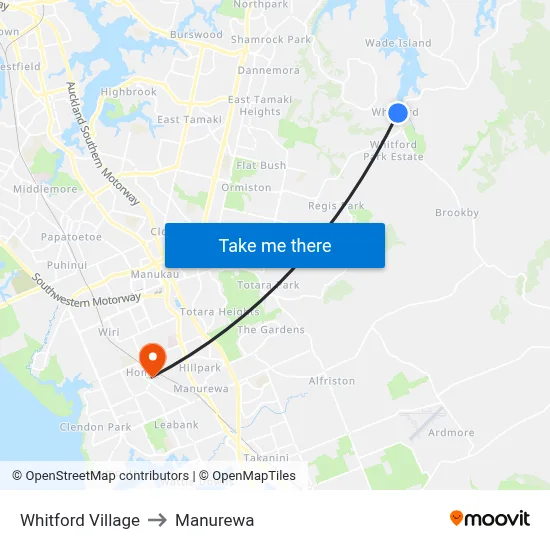 Whitford Village to Manurewa map