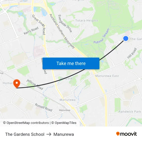 The Gardens School to Manurewa map