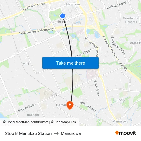 Stop B Manukau Station to Manurewa map