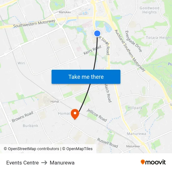 Events Centre to Manurewa map