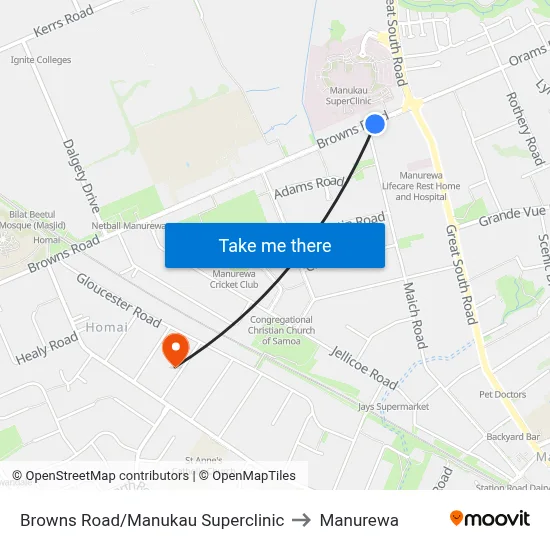 Browns Road/Manukau Superclinic to Manurewa map