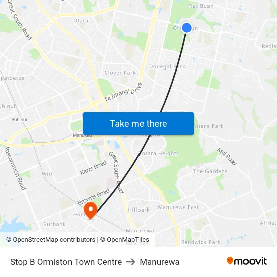 Stop B Ormiston Town Centre to Manurewa map