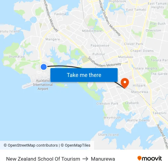 New Zealand School Of Tourism to Manurewa map