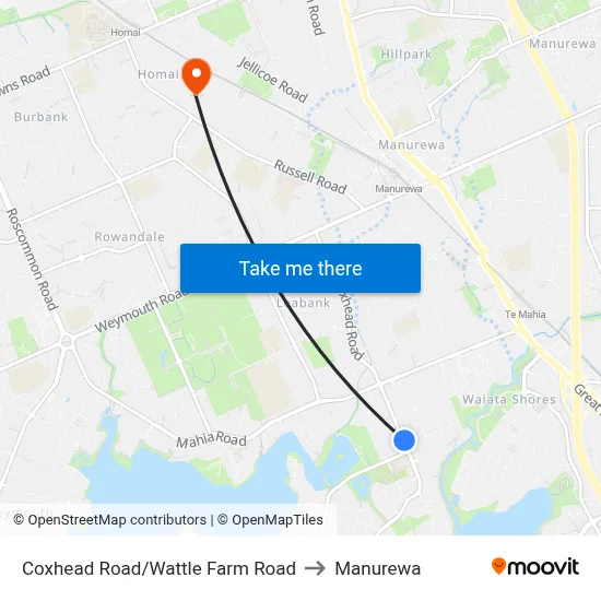 Coxhead Road/Wattle Farm Road to Manurewa map