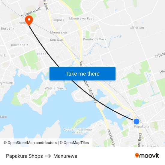 Papakura Shops to Manurewa map