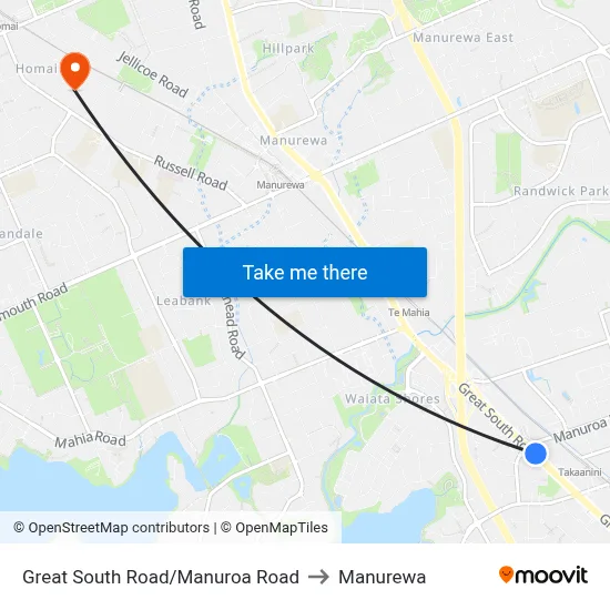 Great South Road/Manuroa Road to Manurewa map