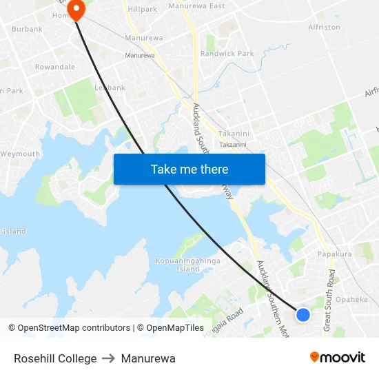Rosehill College to Manurewa map