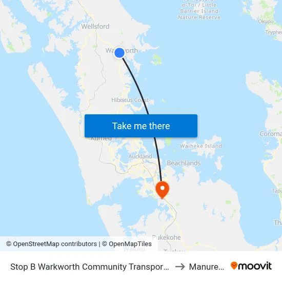 Stop B Warkworth Community Transport Hub to Manurewa map
