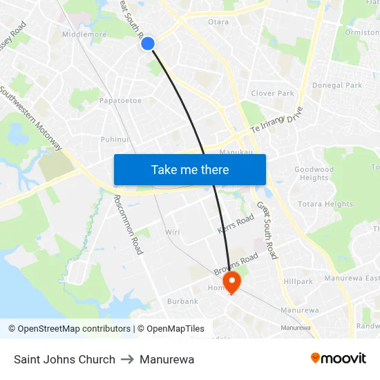 Saint Johns Church to Manurewa map