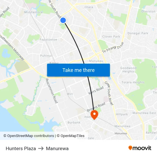 Hunters Plaza to Manurewa map