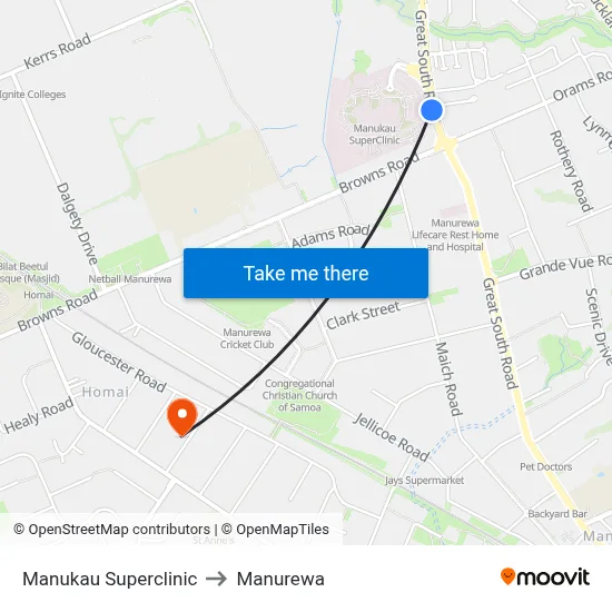 Manukau Superclinic to Manurewa map